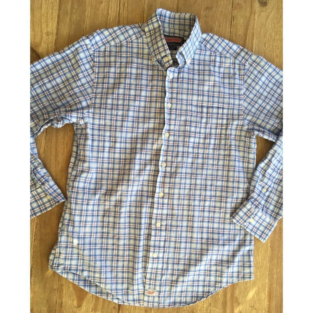 Vineyard Vines Mens MURRAY Shirt Button Up Long Sleeve Light Blue Plaid Size S